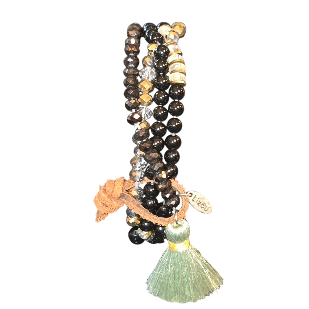 Lizou Marked‎ Four Strand Leather Tied Stone & Crystal Beaded Stretch Bracelet